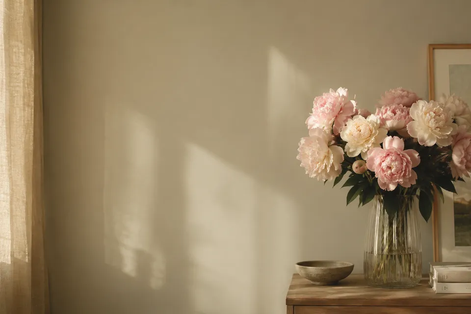 Kunstbloemenboeket in een glazen vaas bij zonlicht in een licht interieur